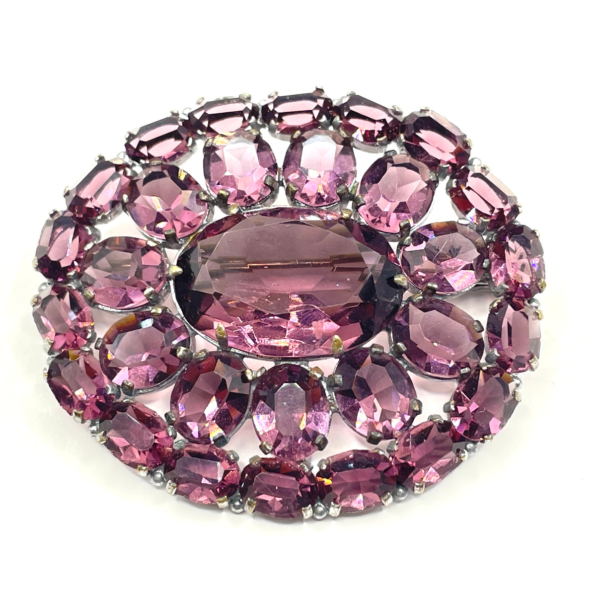 Large vintage Art Deco amethyst purple glass rhinestone, open-backed paste brooch pin in silver tone, stunning vibrant colour