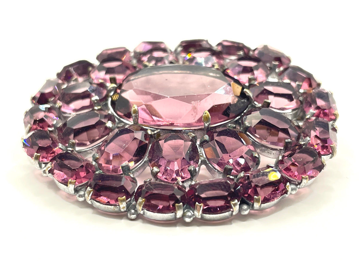 Large vintage Art Deco amethyst purple glass rhinestone, open-backed paste brooch pin in silver tone, stunning vibrant colour