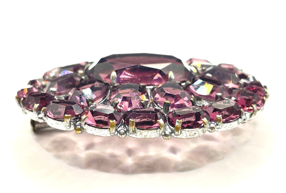 Large vintage Art Deco amethyst purple glass rhinestone, open-backed paste brooch pin in silver tone, stunning vibrant colour