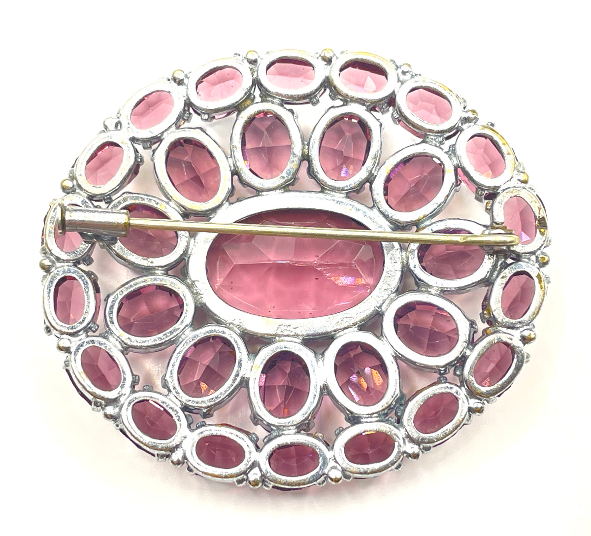 Large vintage Art Deco amethyst purple glass rhinestone, open-backed paste brooch pin in silver tone, stunning vibrant colour