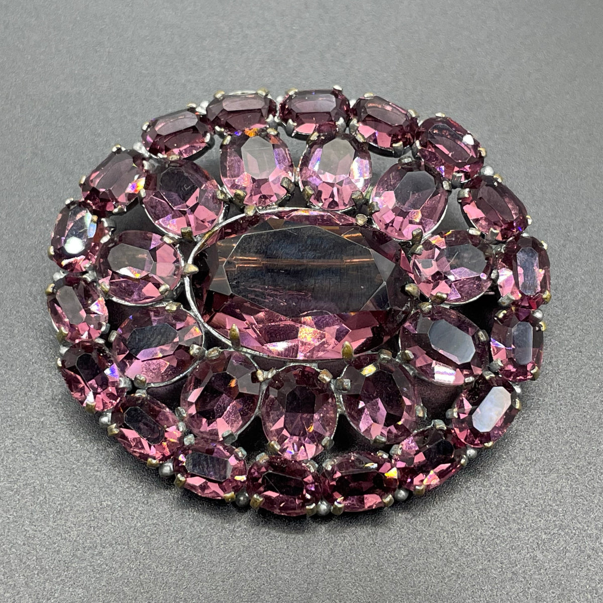 Large vintage Art Deco amethyst purple glass rhinestone, open-backed paste brooch pin in silver tone, stunning vibrant colour