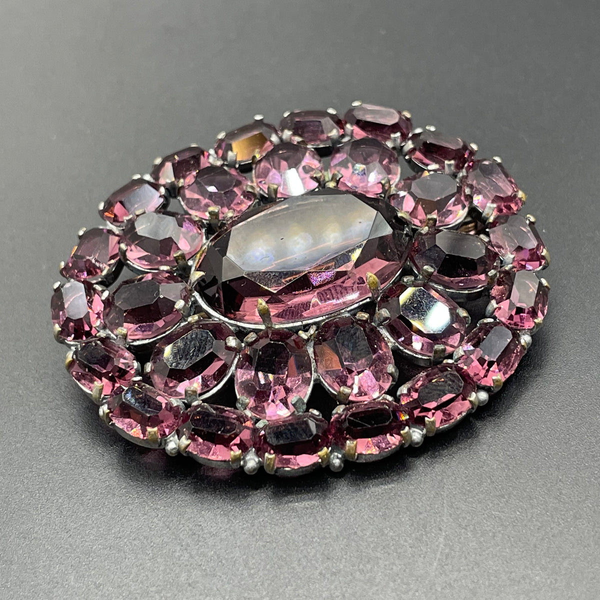 Large vintage Art Deco amethyst purple glass rhinestone, open-backed paste brooch pin in silver tone, stunning vibrant colour
