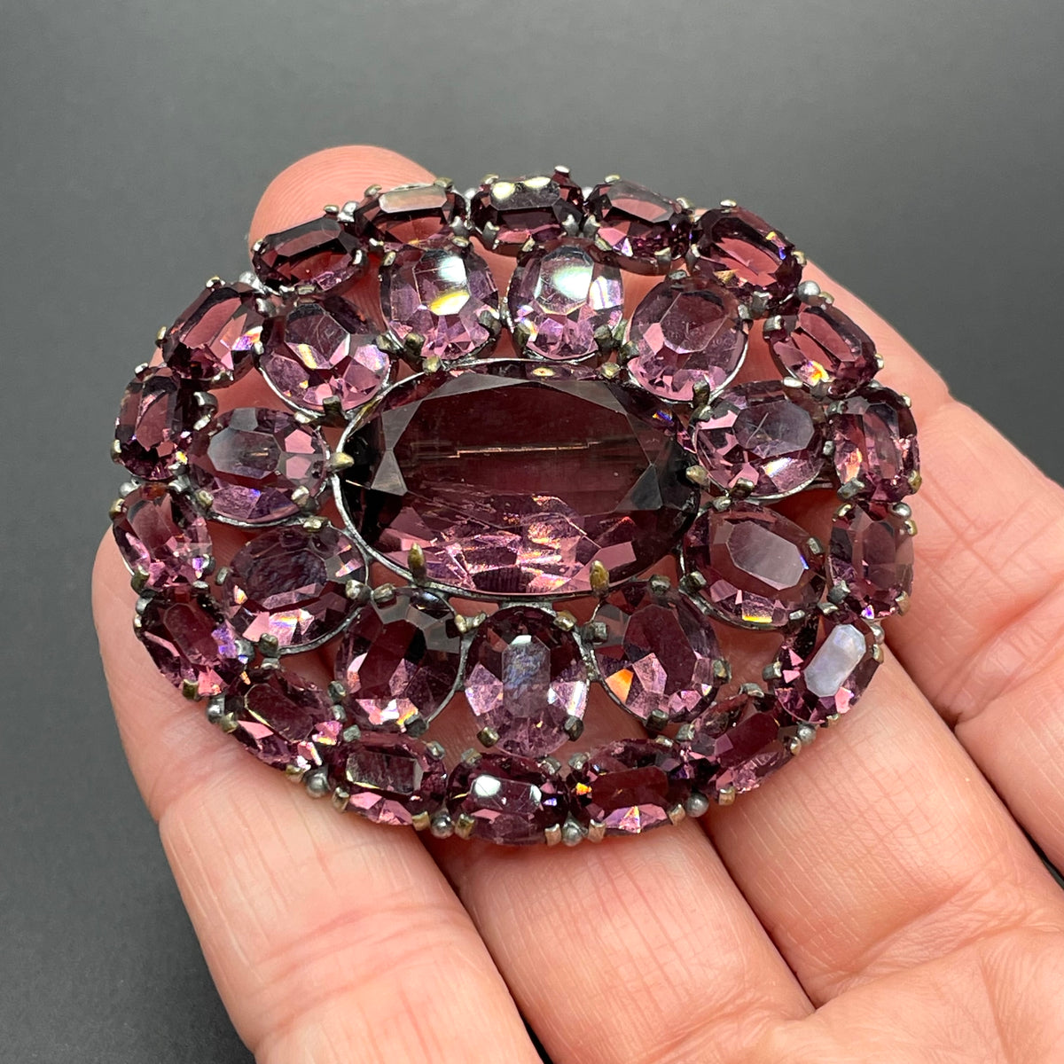 Large vintage Art Deco amethyst purple glass rhinestone, open-backed paste brooch pin in silver tone, stunning vibrant colour