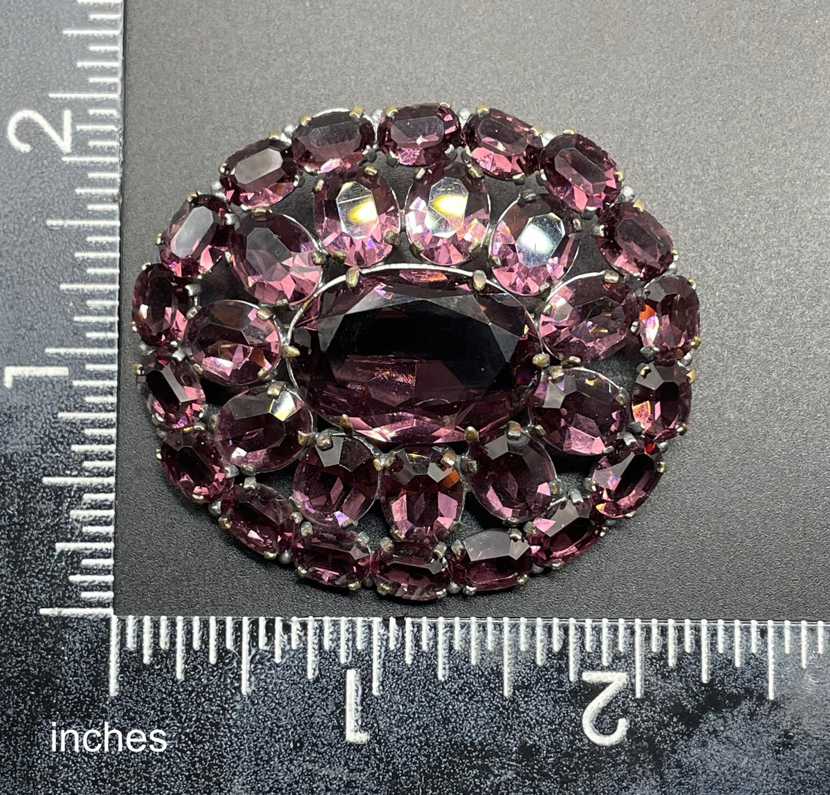 Large vintage Art Deco amethyst purple glass rhinestone, open-backed paste brooch pin in silver tone, stunning vibrant colour