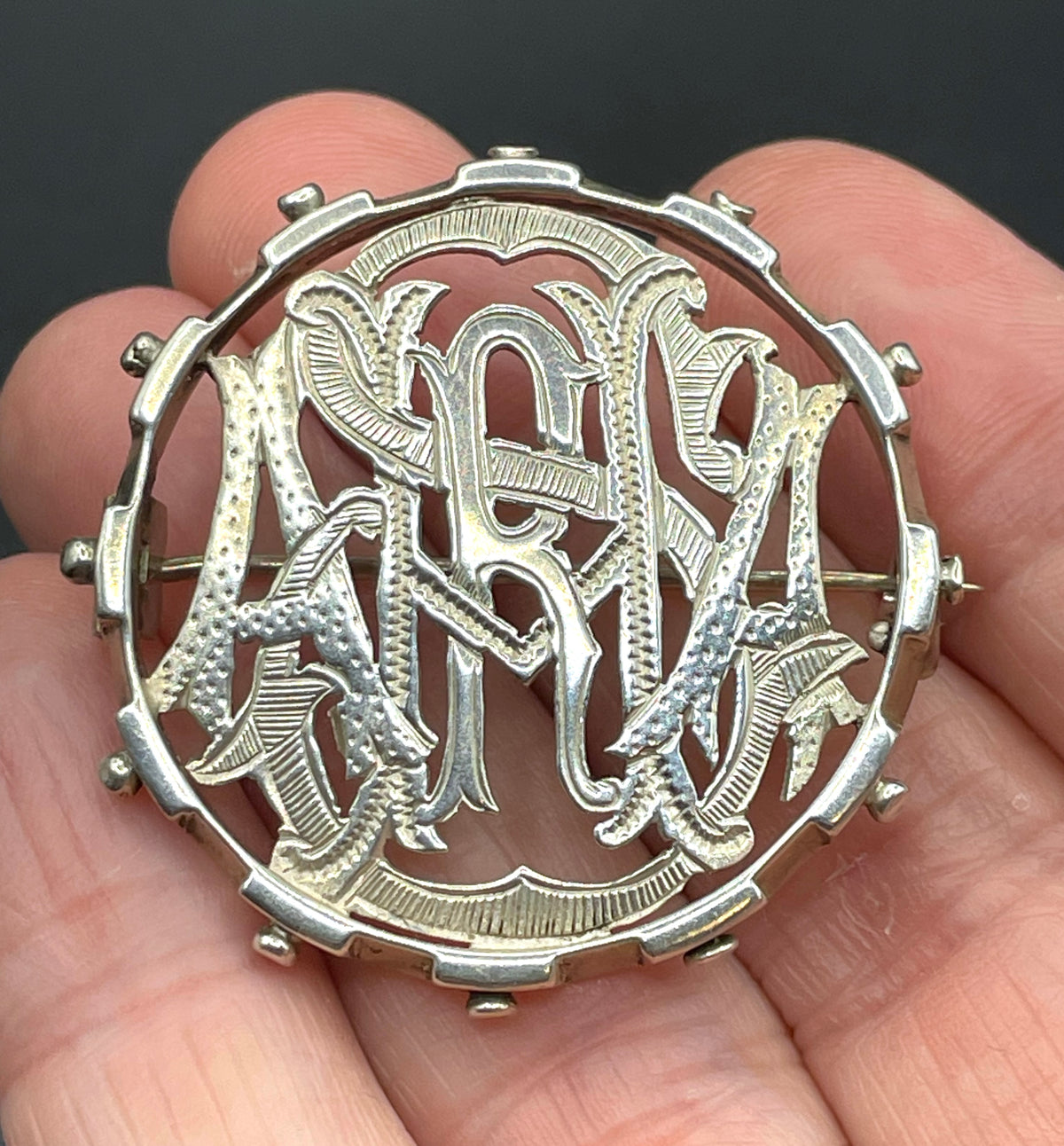 Antique Victorian sterling silver puzzle brooch, spelling the name Sara, fully hallmarked, Birmingham 1879