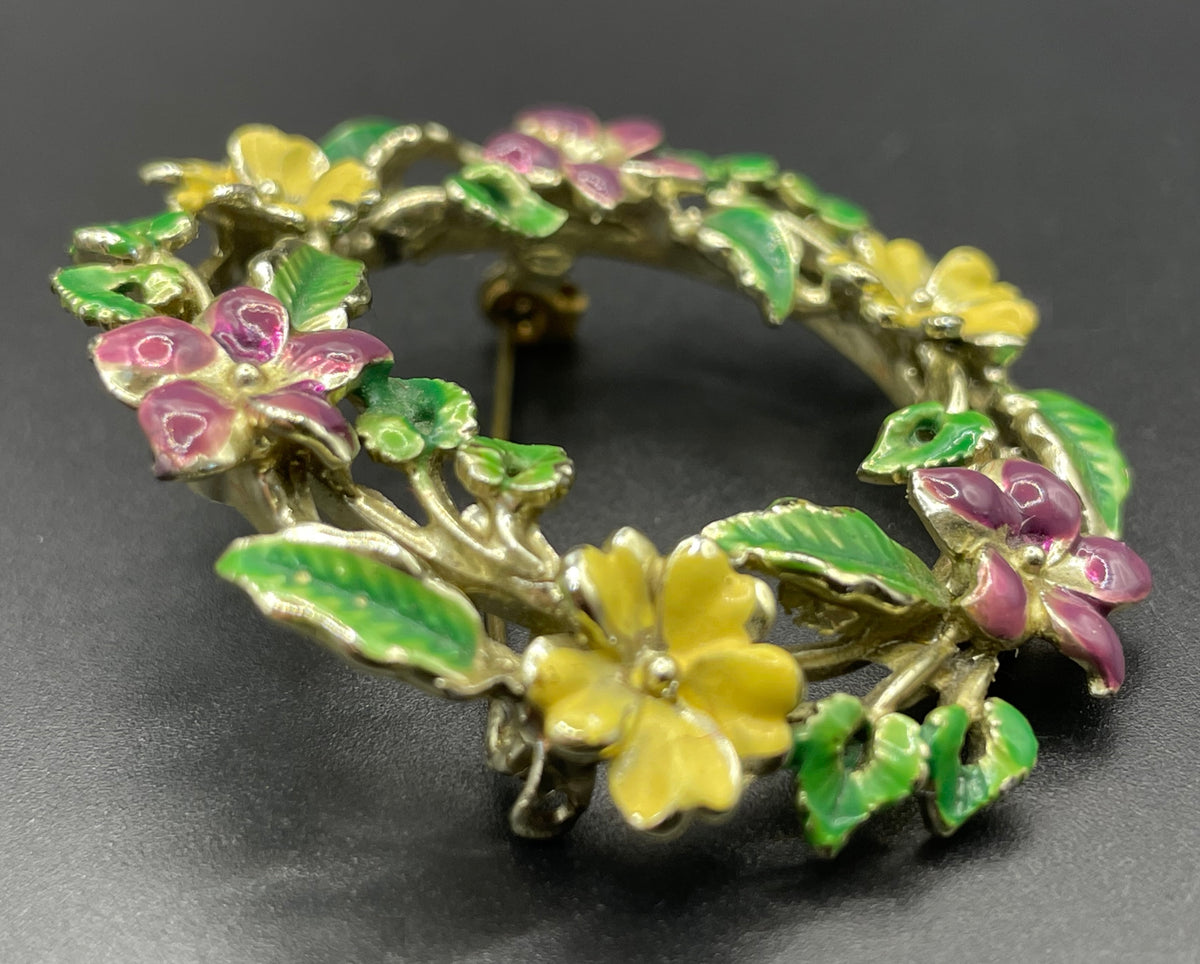 Vintage Exquisite primrose and violet wreath brooch - very rare design, gold tone and cold-painted enamel in purple, yellow and green