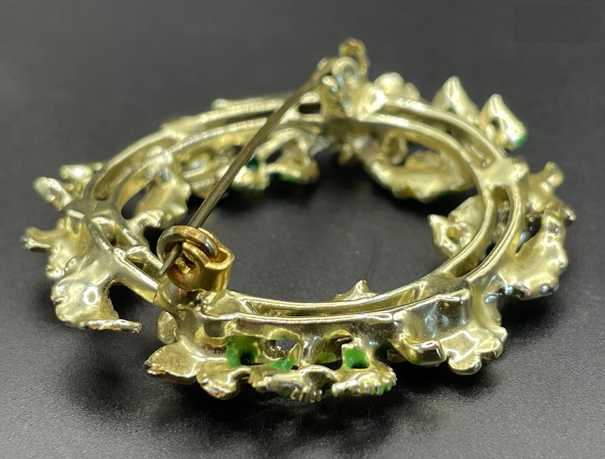 Vintage Exquisite primrose and violet wreath brooch - very rare design, gold tone and cold-painted enamel in purple, yellow and green