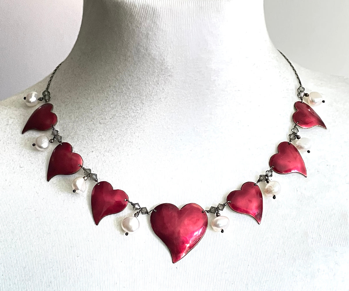 Vintage unsigned Scandinavian sterling silver, gold tone and red enamel love heart necklace with real freshwater pearl and crystal drops