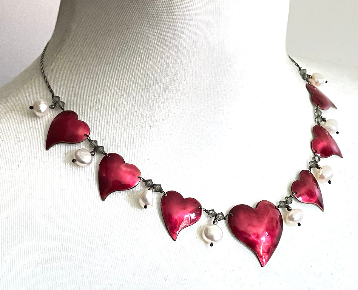 Vintage unsigned Scandinavian sterling silver, gold tone and red enamel love heart necklace with real freshwater pearl and crystal drops