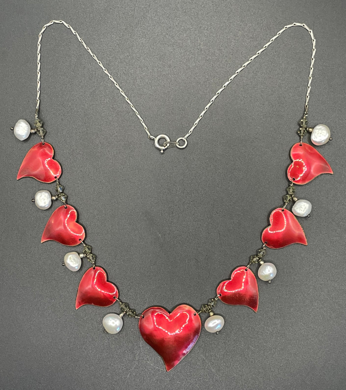 Vintage unsigned Scandinavian sterling silver, gold tone and red enamel love heart necklace with real freshwater pearl and crystal drops