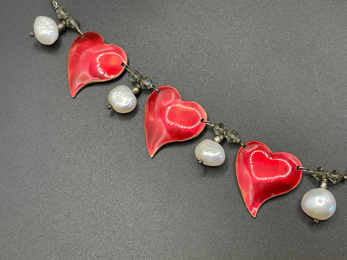 Vintage unsigned Scandinavian sterling silver, gold tone and red enamel love heart necklace with real freshwater pearl and crystal drops