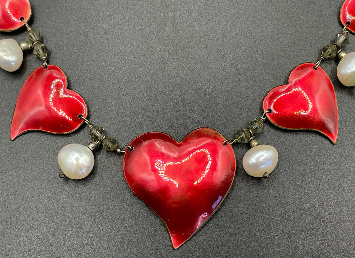 Vintage unsigned Scandinavian sterling silver, gold tone and red enamel love heart necklace with real freshwater pearl and crystal drops