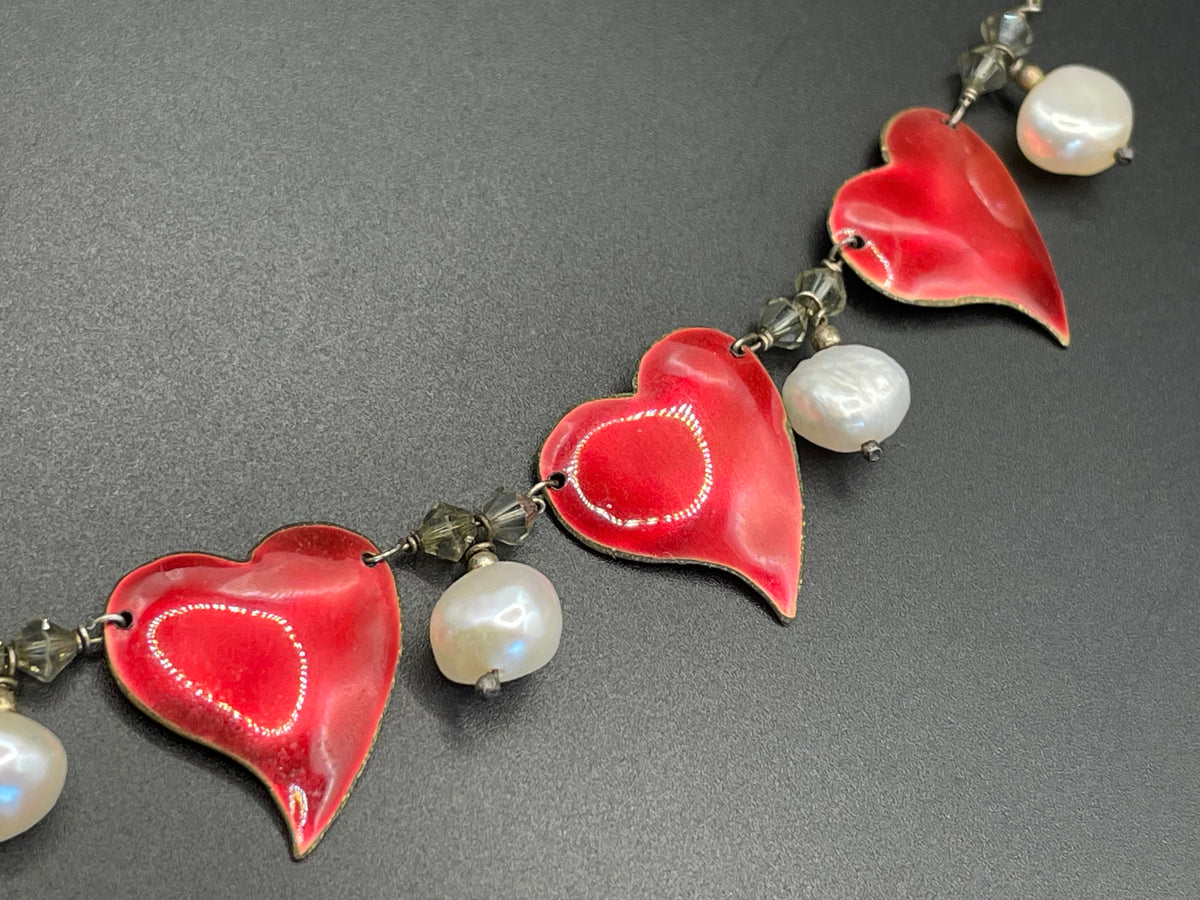 Vintage unsigned Scandinavian sterling silver, gold tone and red enamel love heart necklace with real freshwater pearl and crystal drops