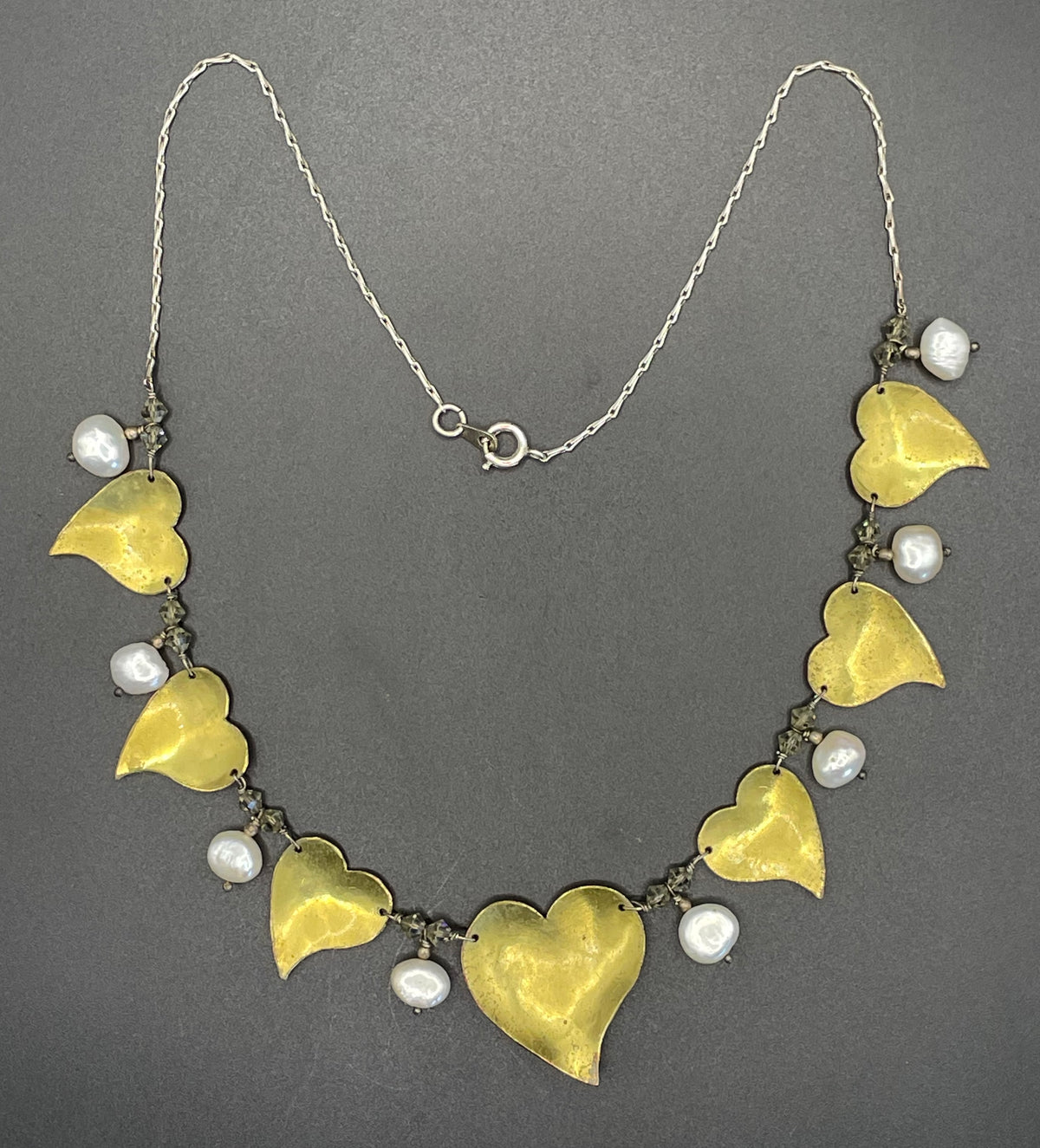 Vintage unsigned Scandinavian sterling silver, gold tone and red enamel love heart necklace with real freshwater pearl and crystal drops
