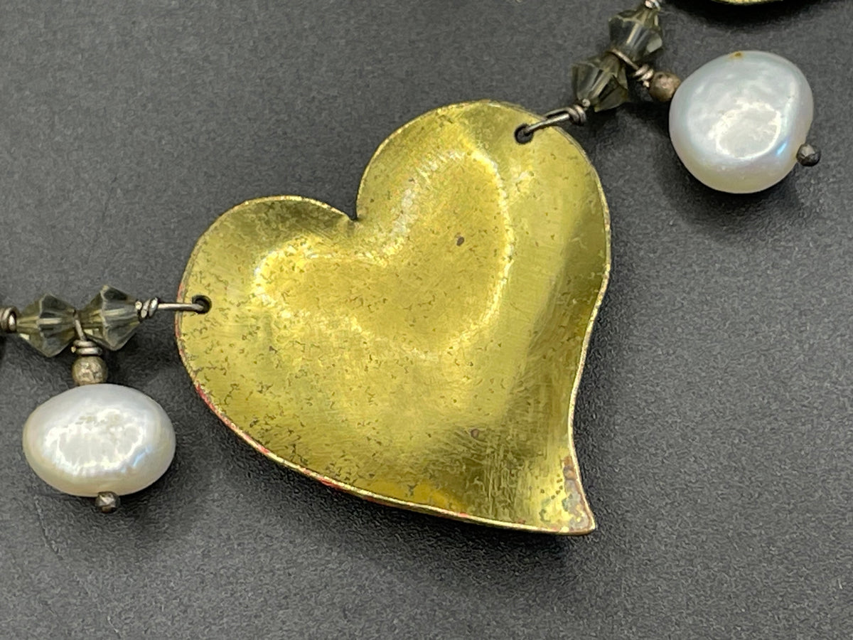 Vintage unsigned Scandinavian sterling silver, gold tone and red enamel love heart necklace with real freshwater pearl and crystal drops