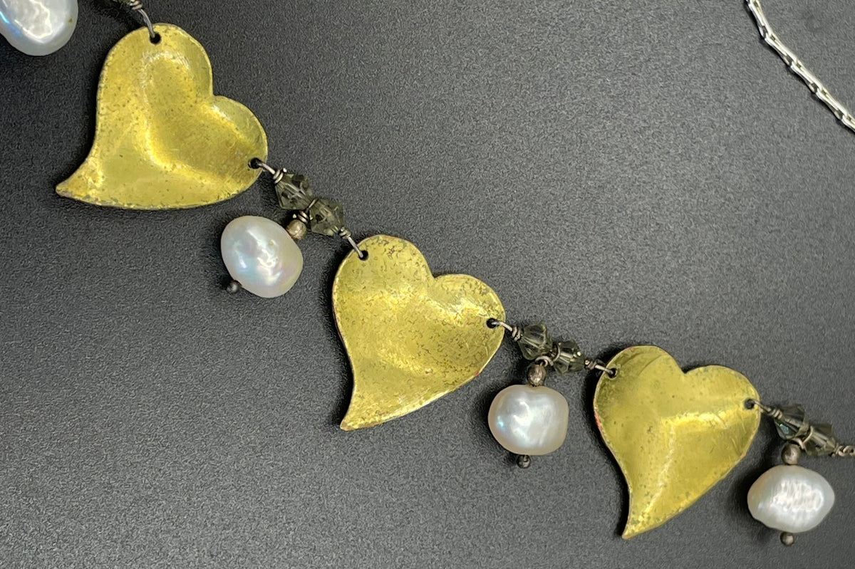 Vintage unsigned Scandinavian sterling silver, gold tone and red enamel love heart necklace with real freshwater pearl and crystal drops