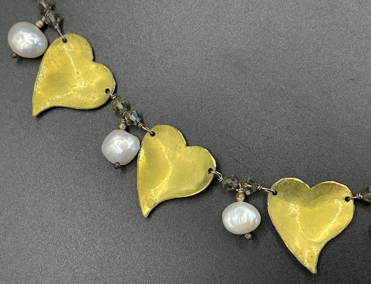 Vintage unsigned Scandinavian sterling silver, gold tone and red enamel love heart necklace with real freshwater pearl and crystal drops