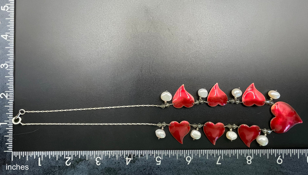 Vintage unsigned Scandinavian sterling silver, gold tone and red enamel love heart necklace with real freshwater pearl and crystal drops