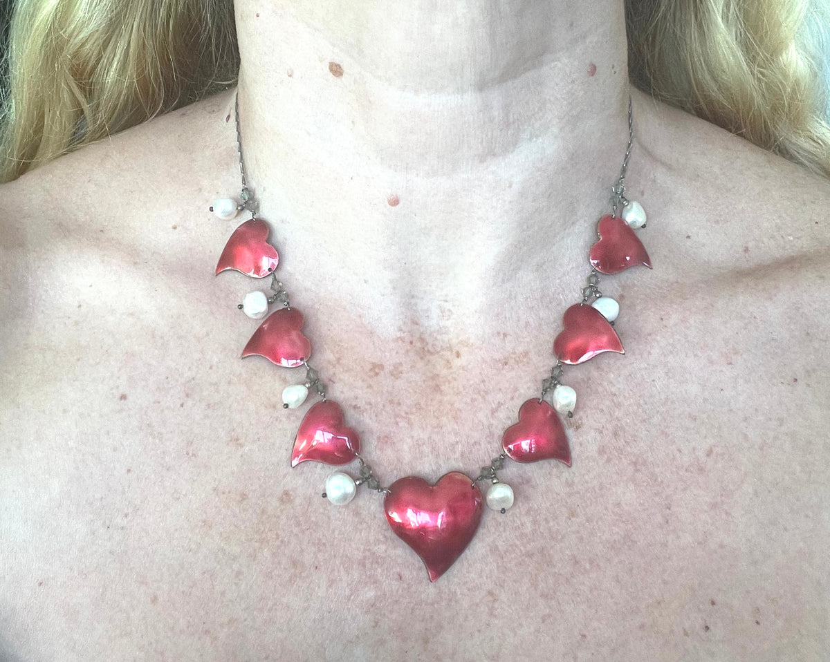Vintage unsigned Scandinavian sterling silver, gold tone and red enamel love heart necklace with real freshwater pearl and crystal drops