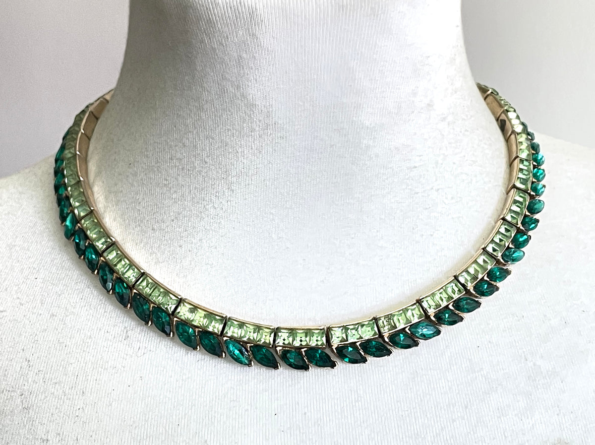 Vintage uranium glass and emerald green rhinestone riviere style necklace - fabulous crystal stones that glow under UV light