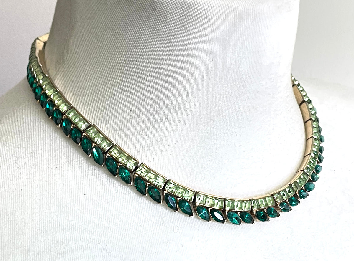 Vintage uranium glass and emerald green rhinestone riviere style necklace - fabulous crystal stones that glow under UV light