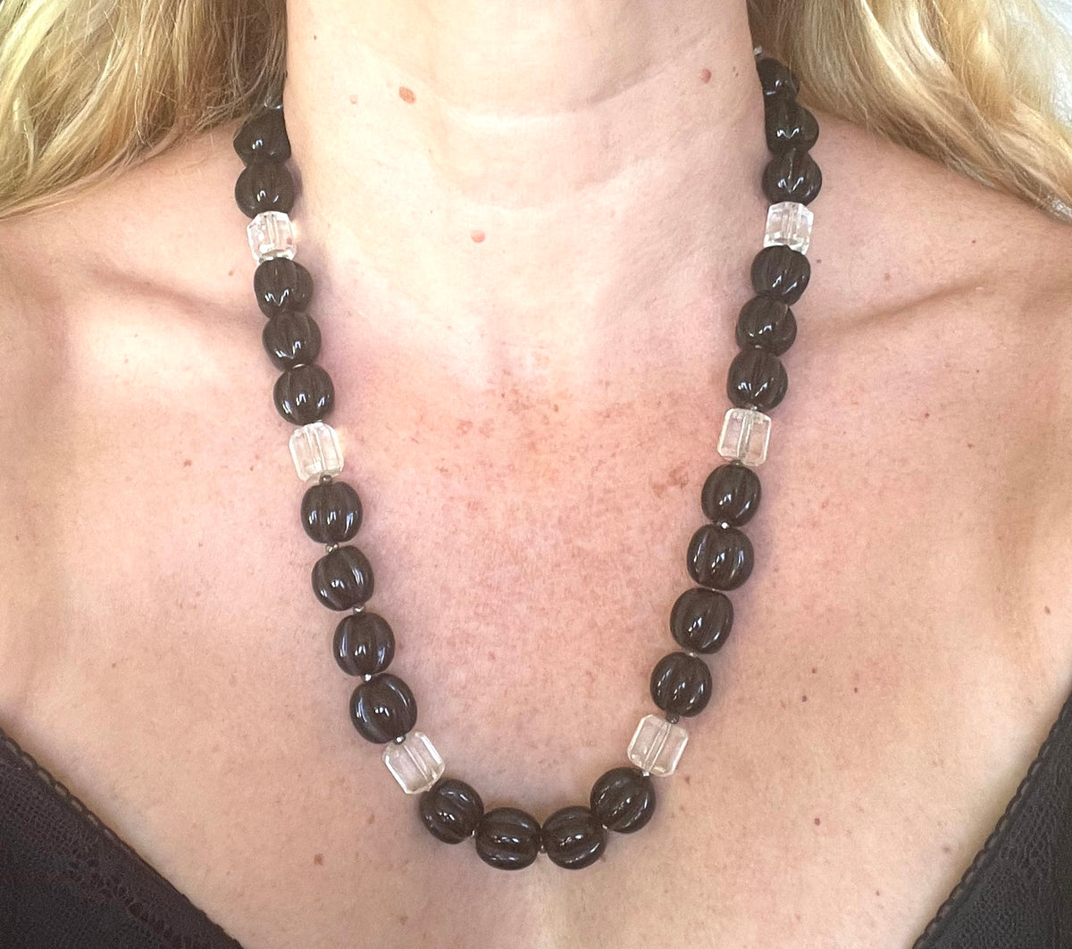 Vintage Art Deco chunky clear crystal faceted bead and carved black glass melon / pumpkin bead necklace, heavy poured glass, longer length