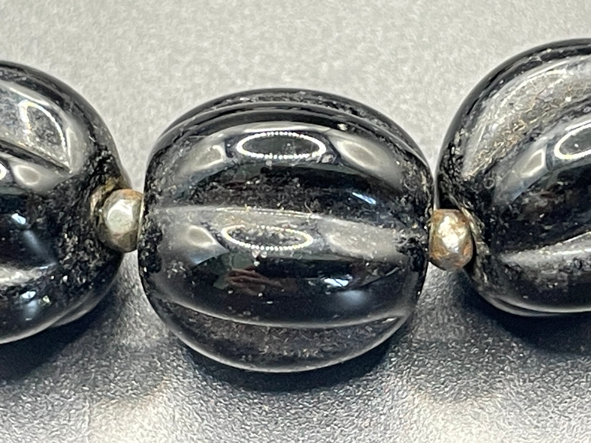 Vintage Art Deco chunky clear crystal faceted bead and carved black glass melon / pumpkin bead necklace, heavy poured glass, longer length