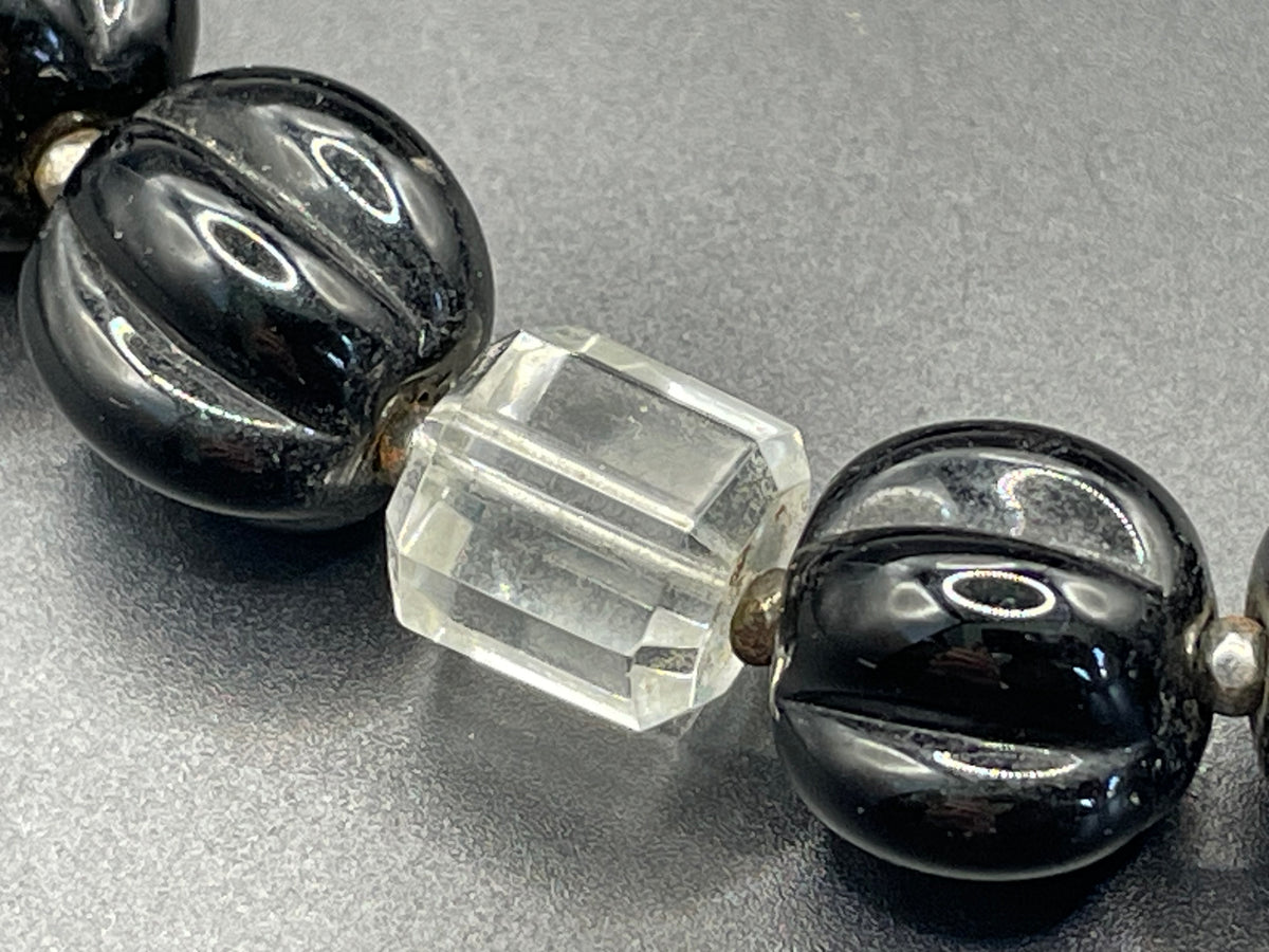 Vintage Art Deco chunky clear crystal faceted bead and carved black glass melon / pumpkin bead necklace, heavy poured glass, longer length