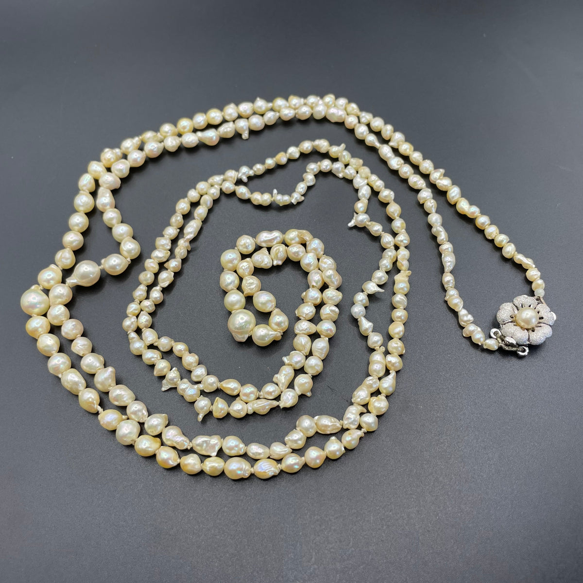 Antique real baroque pearl extra long flapper length necklace, hand-knotted, pretty 800 silver clasp with real pearl, 43 grams