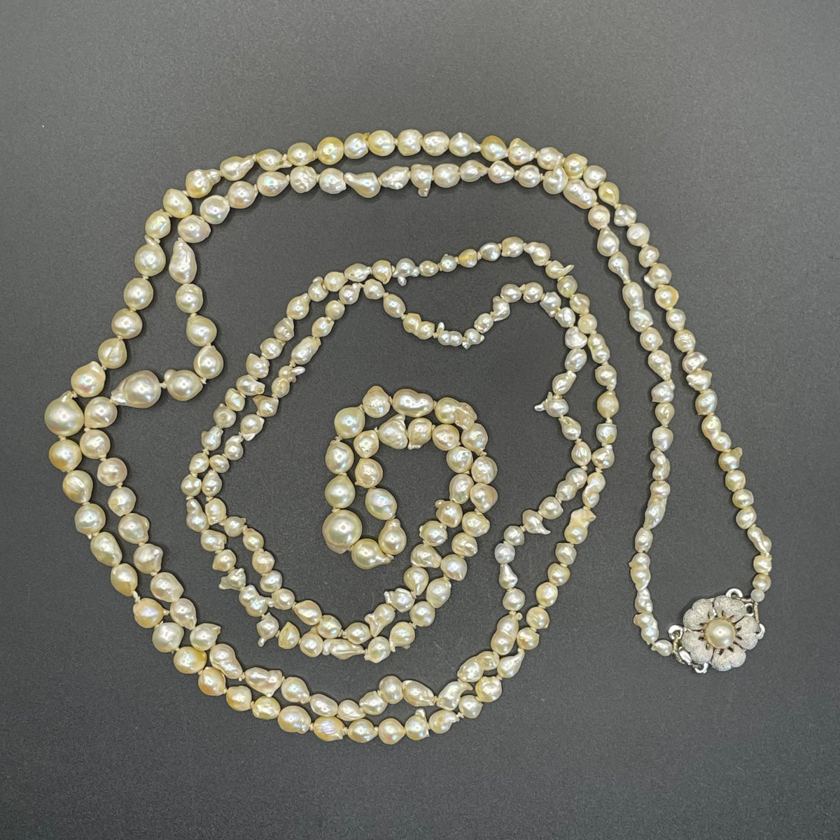 Antique real baroque pearl extra long flapper length necklace, hand-knotted, pretty 800 silver clasp with real pearl, 43 grams