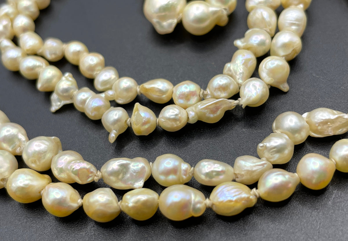 Antique real baroque pearl extra long flapper length necklace, hand-knotted, pretty 800 silver clasp with real pearl, 43 grams