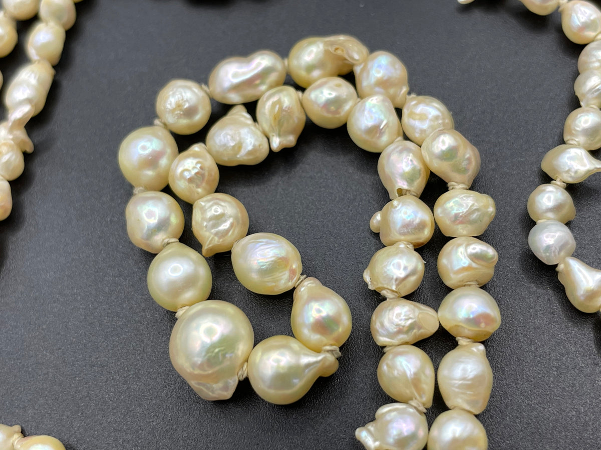 Antique real baroque pearl extra long flapper length necklace, hand-knotted, pretty 800 silver clasp with real pearl, 43 grams