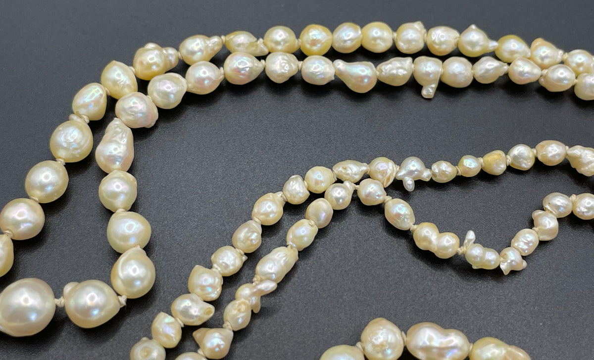 Antique real baroque pearl extra long flapper length necklace, hand-knotted, pretty 800 silver clasp with real pearl, 43 grams