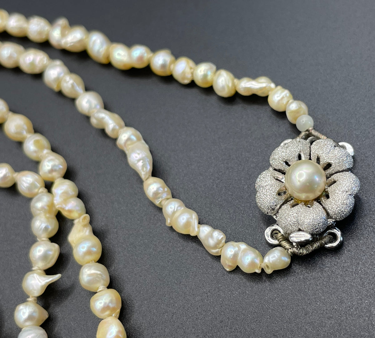 Antique real baroque pearl extra long flapper length necklace, hand-knotted, pretty 800 silver clasp with real pearl, 43 grams