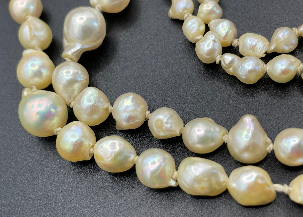 Antique real baroque pearl extra long flapper length necklace, hand-knotted, pretty 800 silver clasp with real pearl, 43 grams