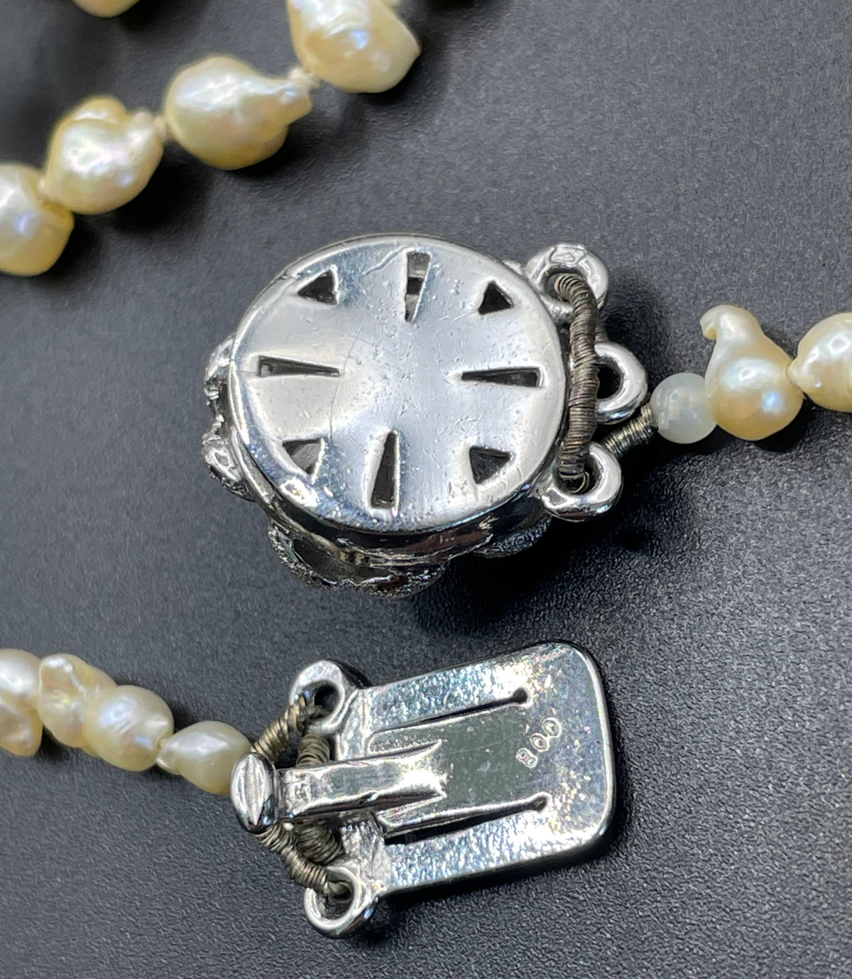 Antique real baroque pearl extra long flapper length necklace, hand-knotted, pretty 800 silver clasp with real pearl, 43 grams