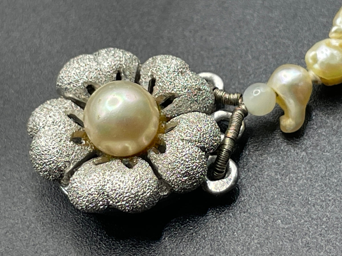 Antique real baroque pearl extra long flapper length necklace, hand-knotted, pretty 800 silver clasp with real pearl, 43 grams