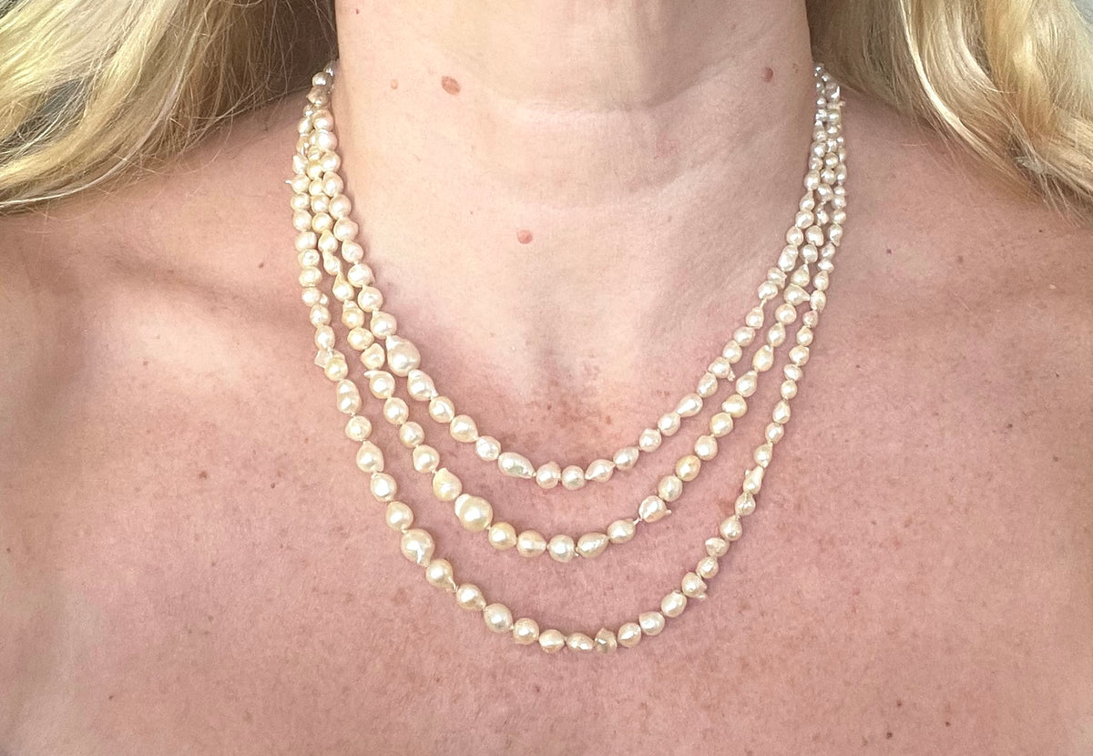 Antique real baroque pearl extra long flapper length necklace, hand-knotted, pretty 800 silver clasp with real pearl, 43 grams