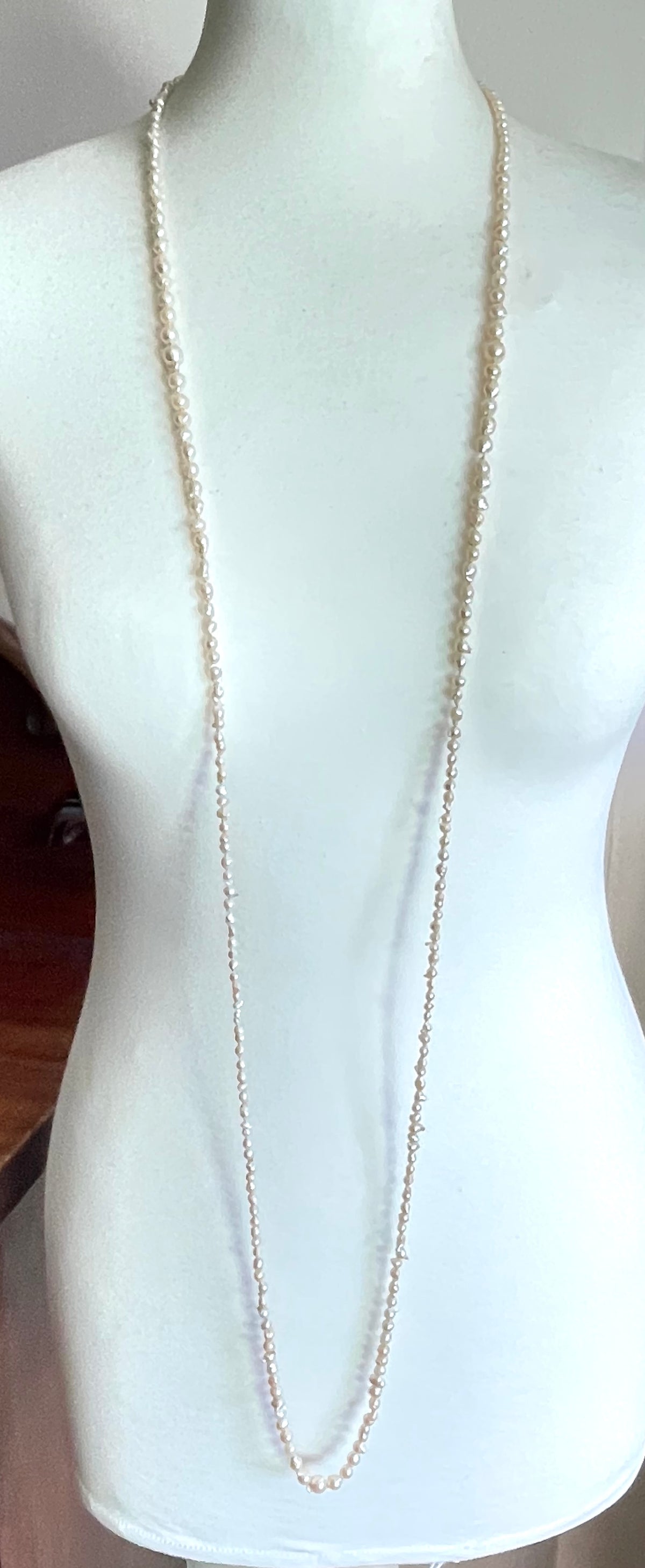 Antique real baroque pearl extra long flapper length necklace, hand-knotted, pretty 800 silver clasp with real pearl, 43 grams