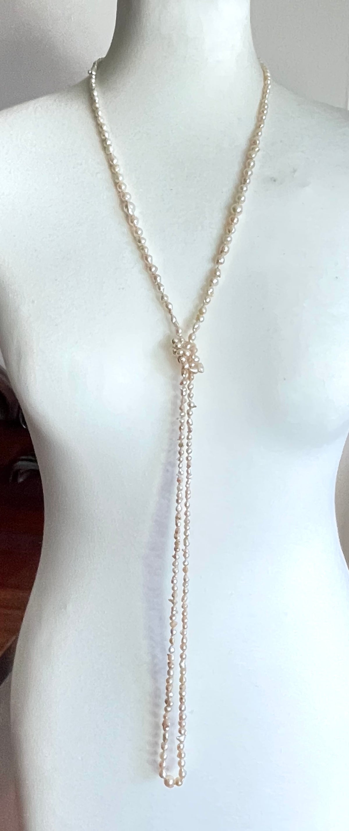 Antique real baroque pearl extra long flapper length necklace, hand-knotted, pretty 800 silver clasp with real pearl, 43 grams