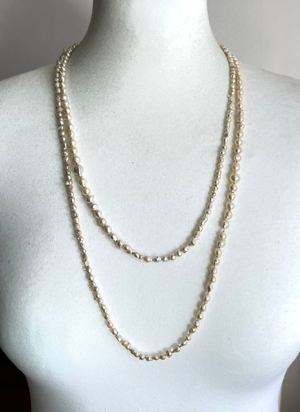 Antique real baroque pearl extra long flapper length necklace, hand-knotted, pretty 800 silver clasp with real pearl, 43 grams