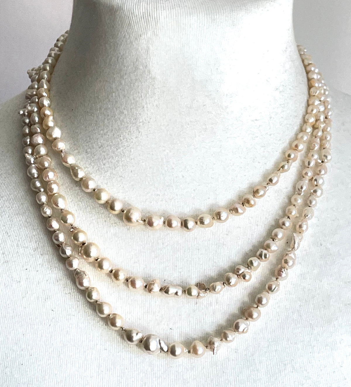 Antique real baroque pearl extra long flapper length necklace, hand-knotted, pretty 800 silver clasp with real pearl, 43 grams
