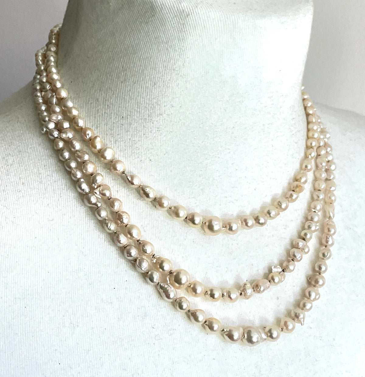 Antique real baroque pearl extra long flapper length necklace, hand-knotted, pretty 800 silver clasp with real pearl, 43 grams