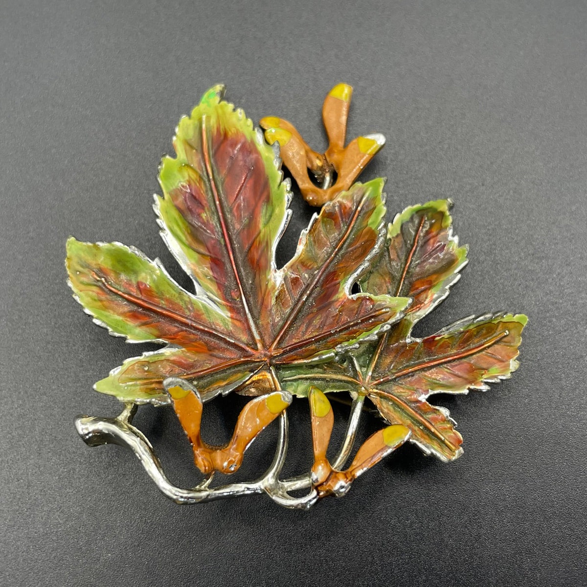 Vintage Exquisite sycamore leaf collectable clip on earrings and large brooch set, tree birthday series, pale gold tone, hand-painted enamel