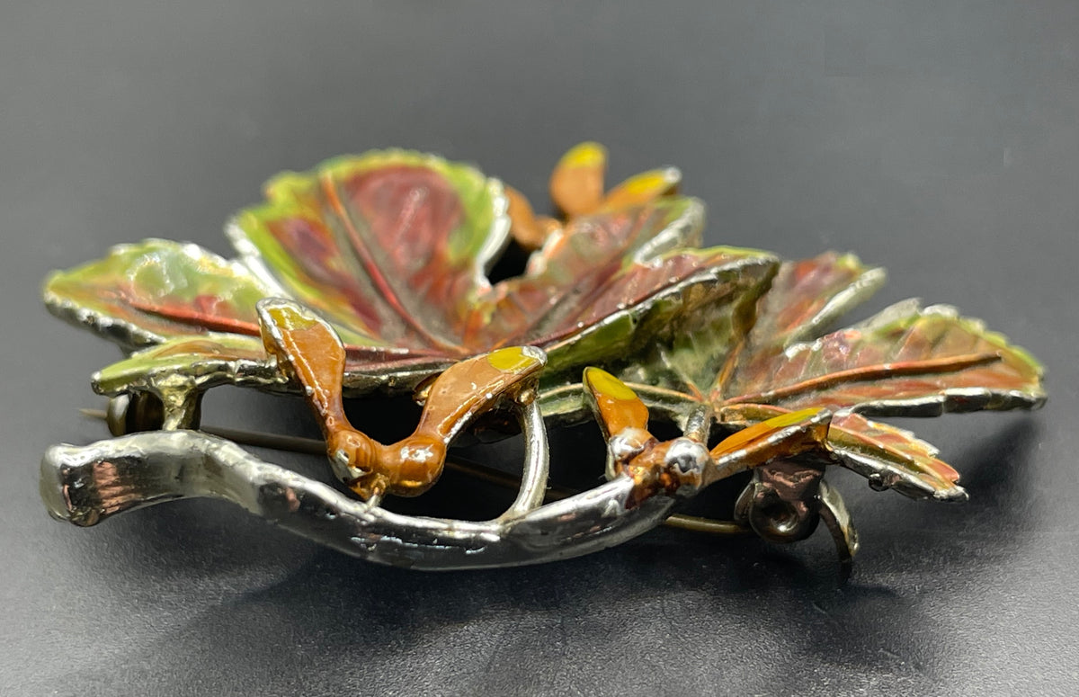 Vintage Exquisite sycamore leaf collectable clip on earrings and large brooch set, tree birthday series, pale gold tone, hand-painted enamel