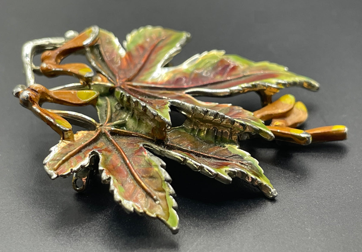 Vintage Exquisite sycamore leaf collectable clip on earrings and large brooch set, tree birthday series, pale gold tone, hand-painted enamel