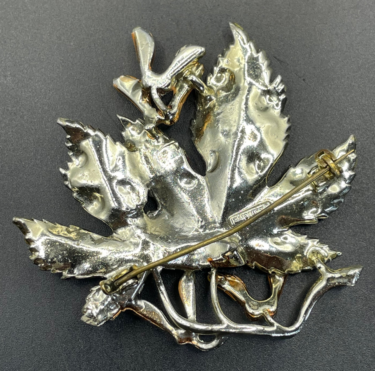 Vintage Exquisite sycamore leaf collectable clip on earrings and large brooch set, tree birthday series, pale gold tone, hand-painted enamel