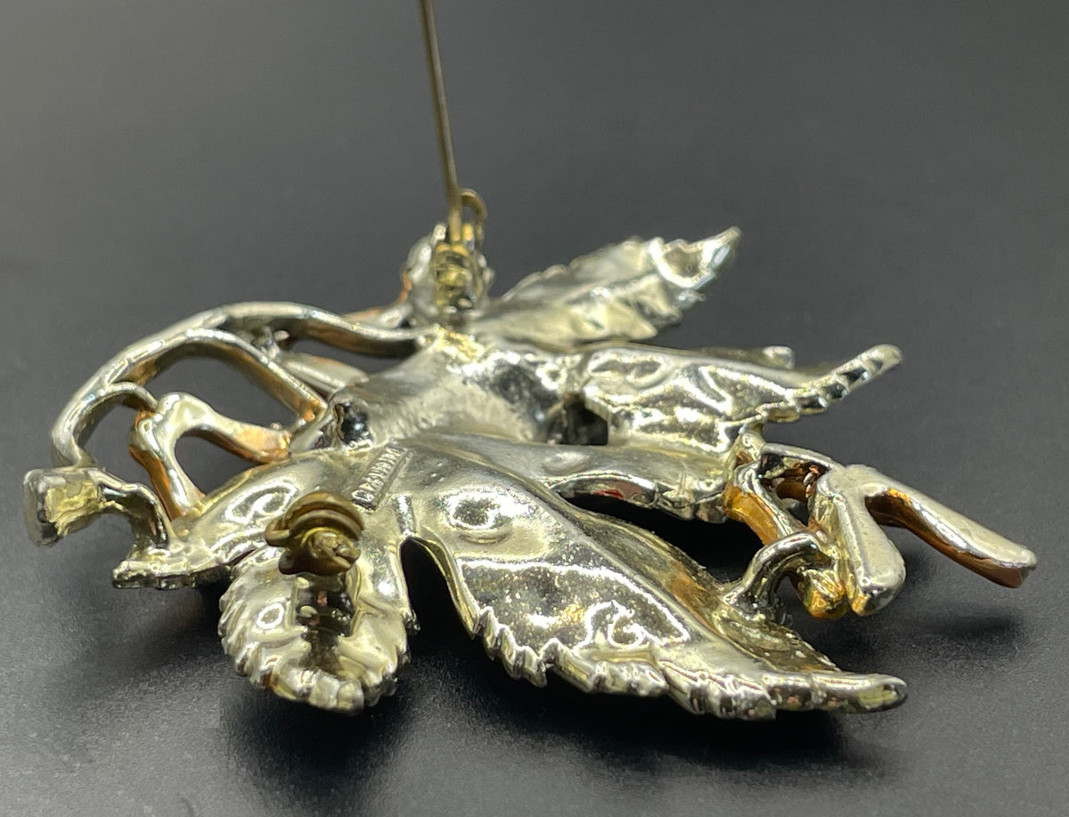 Vintage Exquisite sycamore leaf collectable clip on earrings and large brooch set, tree birthday series, pale gold tone, hand-painted enamel