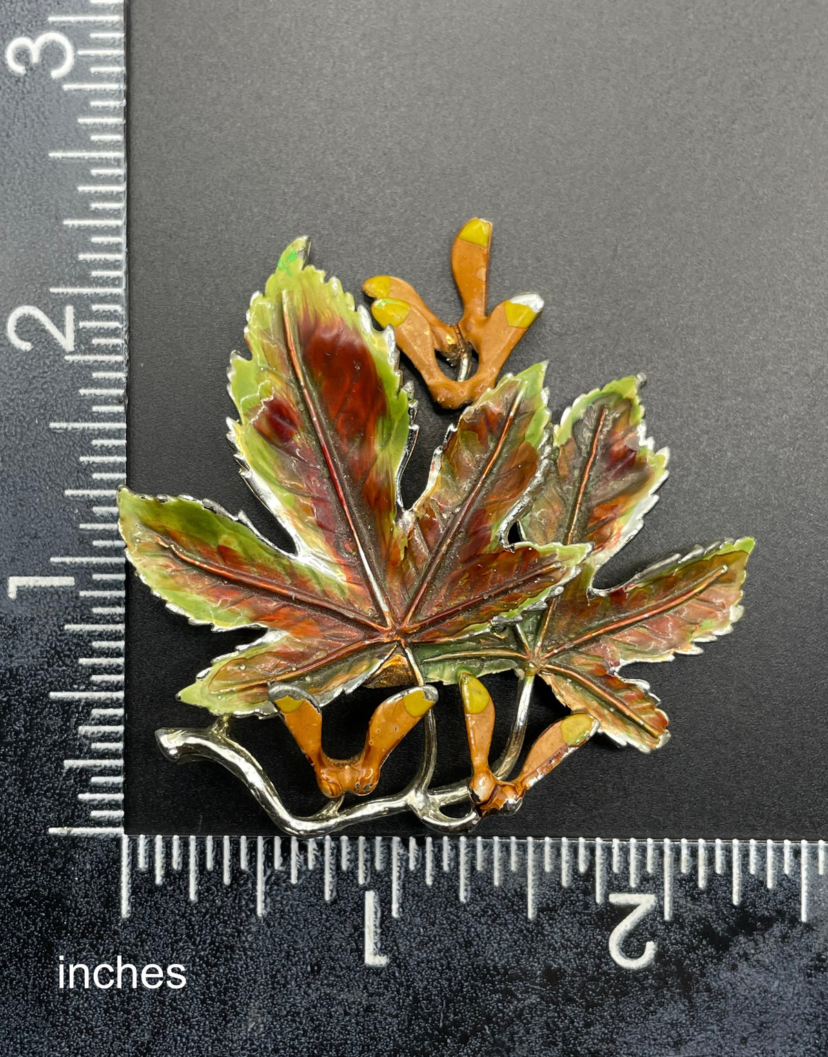 Vintage Exquisite sycamore leaf collectable clip on earrings and large brooch set, tree birthday series, pale gold tone, hand-painted enamel
