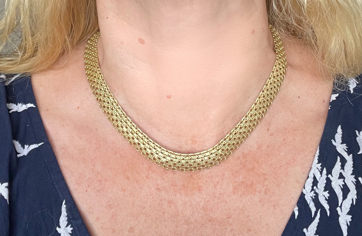 Vintage sterling silver gold vermeil wide criss-cross link collar necklace with chunky clasp, fully stamped 925 Italy, 42 grams